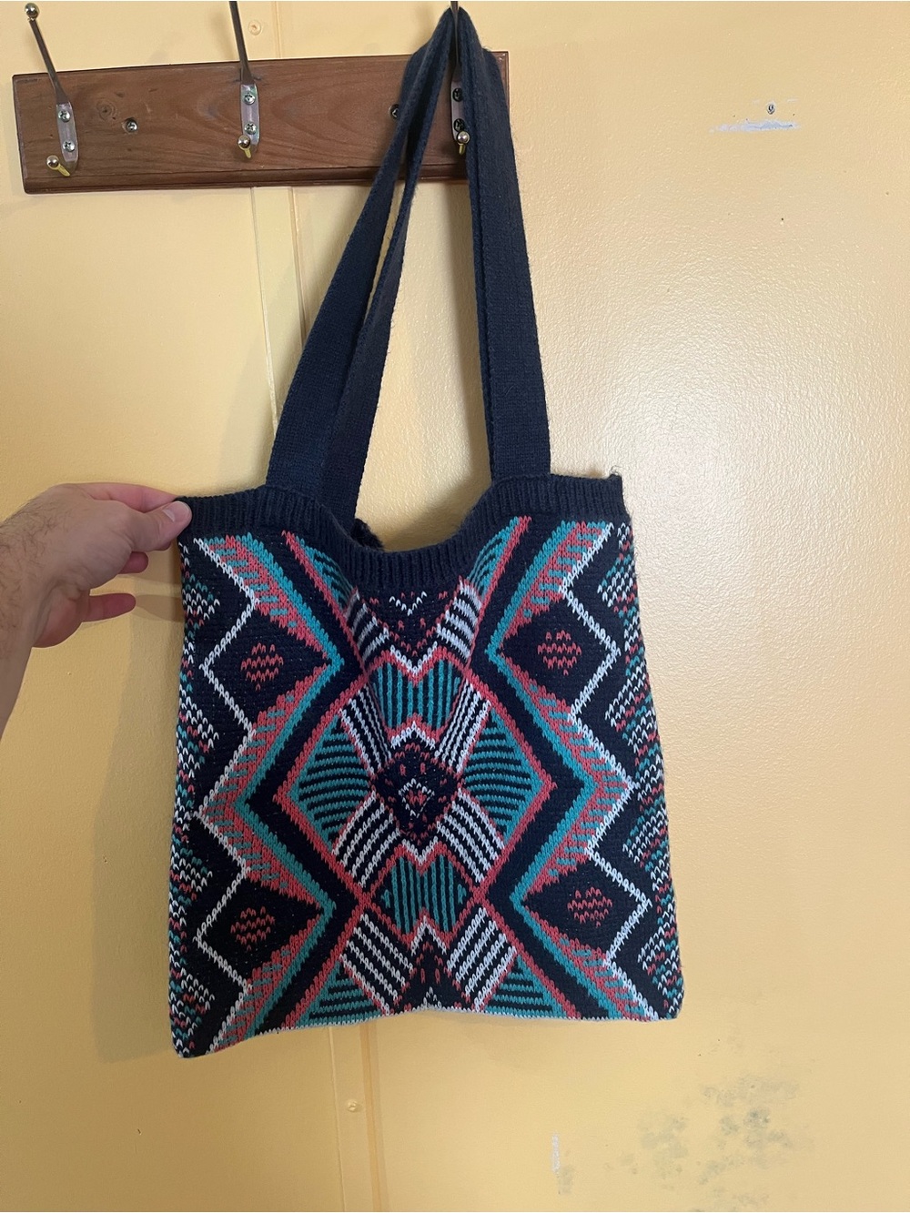 Handwoven Geometric Knit Tote Bag - Navy with Teal & Coral Accents 13” X 13”